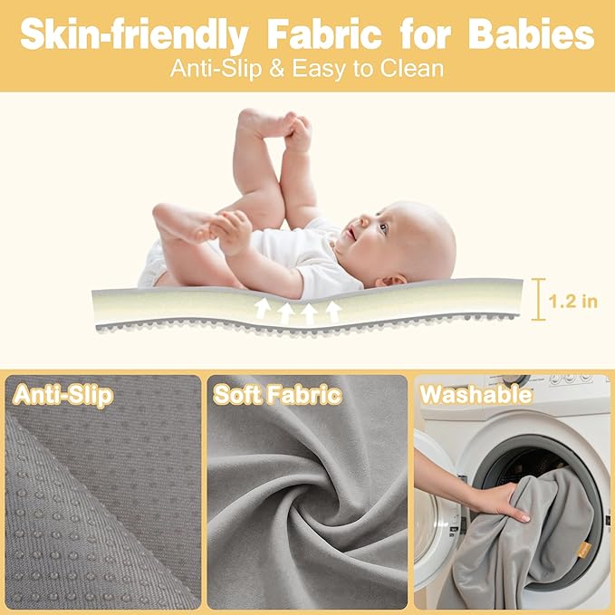 71" ×59" Padded Baby Play Mat for Floor, 1.2" Thick Memory Foam Mat with Machine Washable Cover, Soft Tummy Time Crawling Playmat with Non-Slip Bottom, Fits 71" x59" Playpens