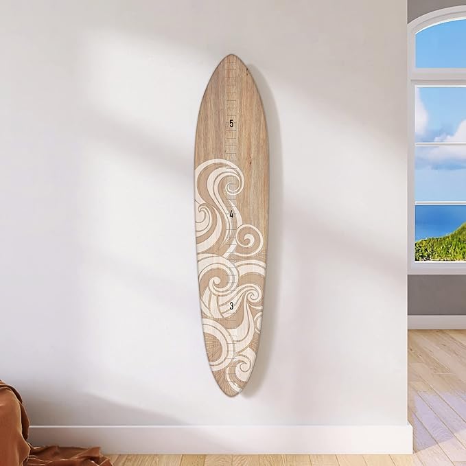 Wooden Surfboard Wall Decor Growth Chart - Surf Board Decor for Kids Room, Wooden Growth Chart for Wall, Surfboard Wall Art, Surfboards for Decoration - White Wave (9.5""x 45"")