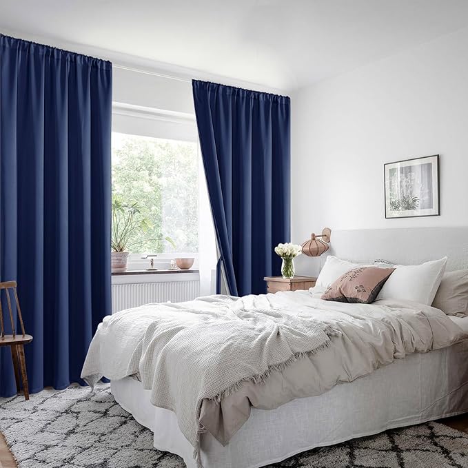 XWZO 100% Blackout Curtain Panels - Rod Pocket Thermal Insulated Black Liner, Noise Reducing and Heat Blocking Drapes for Hall and Studio Windows with Tiebacks, Navy Blue, W52 x L45, Set of 2