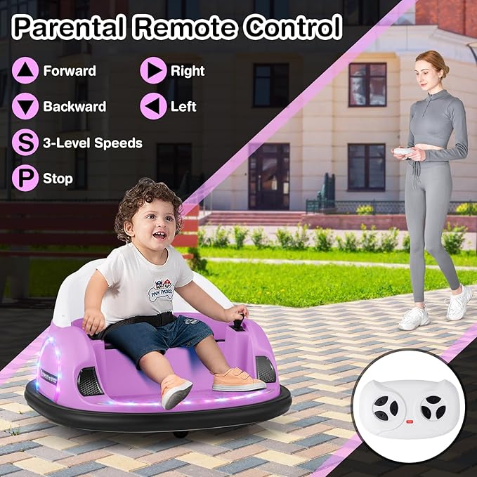 GLACER 12V Bumper Car, Electric Kids Bumper Car w/Parental Remote, 3-Speed, 360°Spin, Music, LED Light, Battery Ride on Bumper Car w/Dual Joysticks, Baby Bumper Car for Toddlers 18 Months+ (Pink)