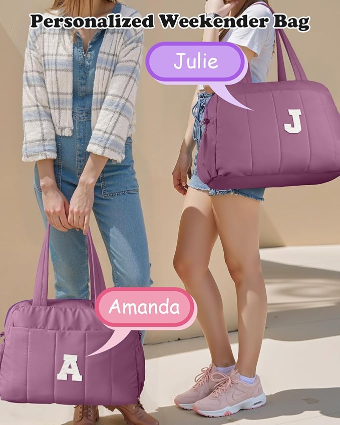 Duffle Bag with Initial, Spend The Night Bags for Women，Overnight Bag with Wet Pocket，Gifts for Women-Lightweight Travel Bags Personalized Gym Tote with Makeup Pouch