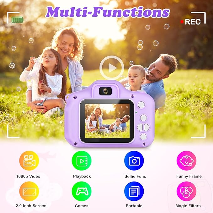 Kids Camera, HD Digital Video Camera, Childrens Toys for 3 4 5 6 7 8 9 Year Old Boys/Girls, Selfie Camera for Kids, Christmas Birthday Gifts with 32GB SD Card (Purple)