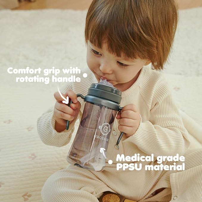 GROSMIMI Spill Proof no Spill Magic Sippy Cup with Straw with Handle for Baby and Toddlers, Customizable, PPSU, BPA Free 10 oz (White)