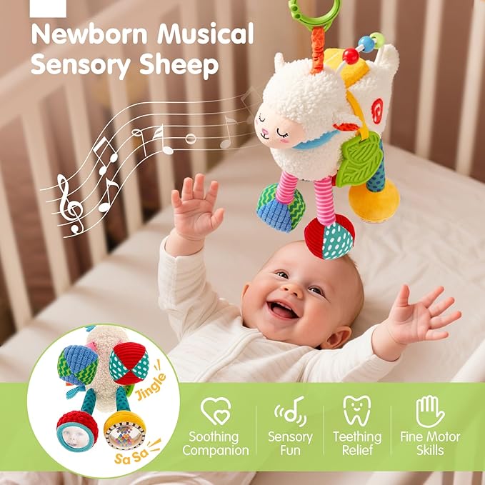hahaland Baby Toys 0-6 Months - Baby Sensory Toys 0-3-6 Months Car Seat Toy Hanging - Musical Animals with Pull String Rattle Teether Crinkle Mirror, Crib Stroller Toy Tummy Time Babies Girl Boy Gifts