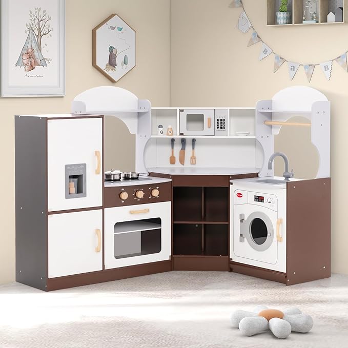 Costzon Corner Kids Kitchen Playset, Wooden Play Kitchen with Sounds & Lights, Washing Machine, Ice Maker, Microwave, Oven, Sink & Faucet, Pretend Toy Kitchen Set for Toddler, Gift for Boys Girls