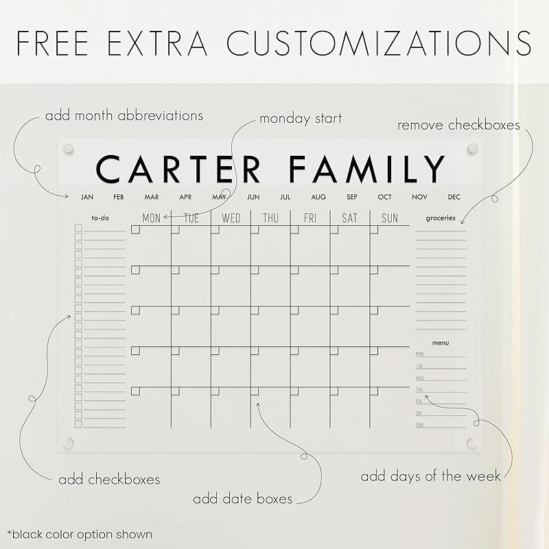 Personalized Clear Acrylic Calendar for Wall, Calendar Whiteboard for Wall, Dry Erase Calendar for Wall, Wall Calendar Organizer System for Home (Block, Black, 14"W x 11"H)
