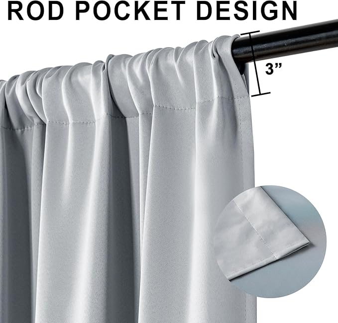 XWZO 100% Blackout Window Curtains - Rod Pocket Thermal Insulated & Completely Room Darkening Black Liner Window Panels with Tiebacks for Bedroom/Living Room, Light Grey, W42 x L54, Set of 2
