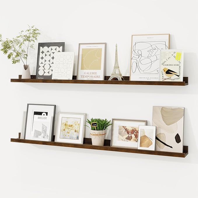 Picture Ledge Shelf, Solid Pine Wood Floating Shelves Set of 2, 40 Inches Nursery Book Shelves for Toys Storage, Kids Bookshelf Wall Mounted for Living Room Bedroom Decor Books Photo Frames, Walnut