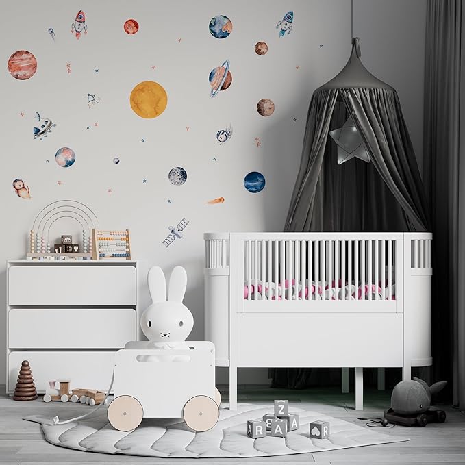 Solar System Wall Decals for Kids - Planets and Space Themed Wall Stickers by Lipastick - Peel and Stick Vinyl Decals for Boys and Girls Bedroom, Nursery, Playroom - Wall Stickers for Girls Room