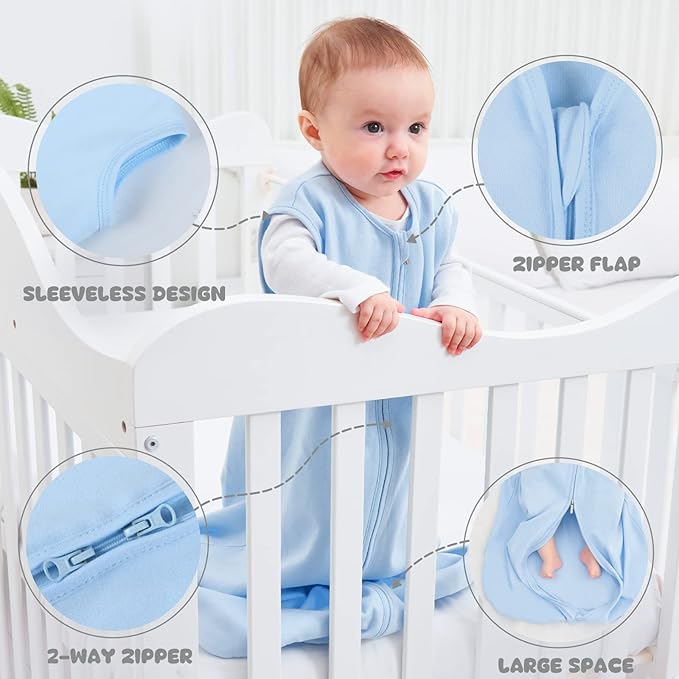 Yoofoss Baby Sleep Sack 12-18 Months 100% Organic Cotton 0.5 TOG Baby Sleeping Bag 2-Way Zipper Toddler Wearable Blankets 3 Pack Breathable Lightweight (Large)