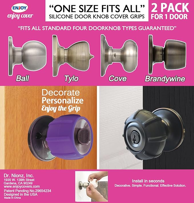 Enjoy Cover - 2 Pack Silicone Door knob Grips Maximum Grip Nonslip Arthritis & Senior Living Aids Grippy Easy Open Fits All Door Knob Universal Size Decorative (Black)
