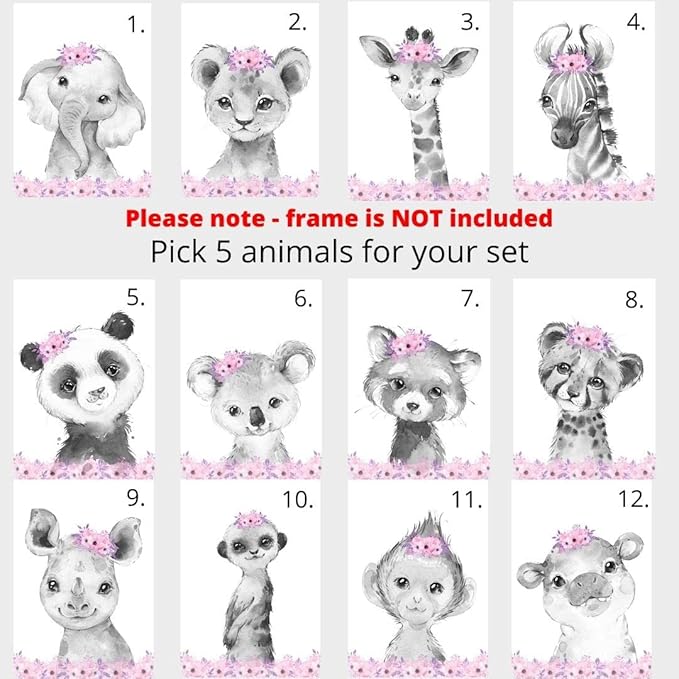 Personalized Safari Animals for Baby Girls Nursery Bedroom Unframed Set of 6 Poster Prints, Personalized Name Pink Purple Flowers Wall Art Decor New Baby Gift Present, Elephant Giraffe Panda Zebra Lion (11x14)