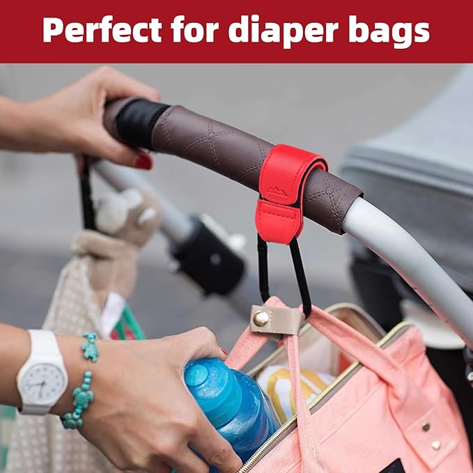 Baby Stroller Hooks Bag Hooks for Hanging Diaper Bags Multipurpose Hooks for Grocery Shopping Bags Premium Vegan Leather Pram Straps 2 Pcs (red)