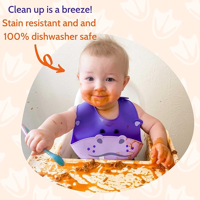 Silly Goose Set of 3 Silicone Animal Baby Bibs for Babies and Toddlers, Waterproof, Adjustable, Soft, Extra Wide Food Catcher Pocket (3PK Fox+Bear+Hippo)