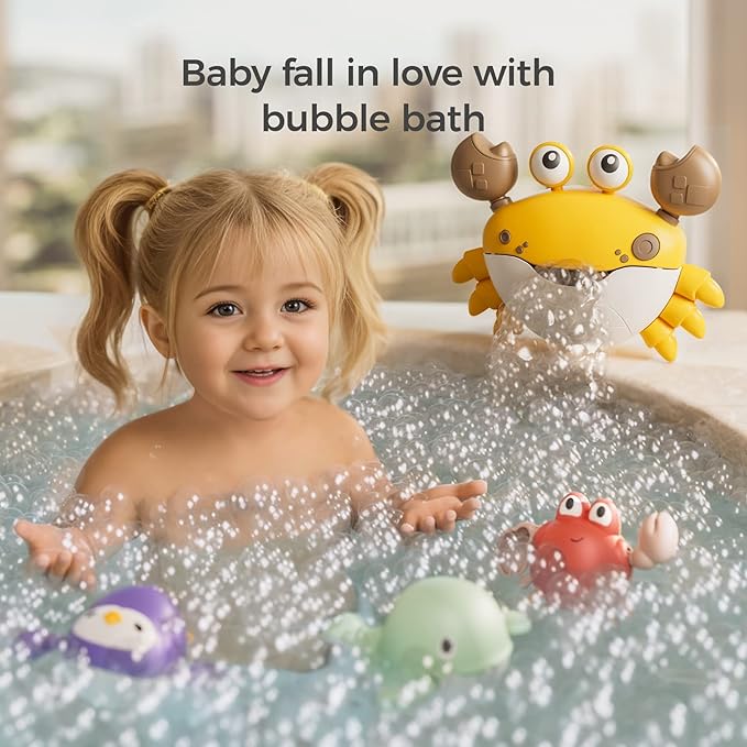 TUMAMA Baby Bath Toy,Bath Bubble Maker Machine with Music,3 Wind-Up Bathtub Toys,Crab Shower Water Toy for Toddlers Kids Boys Grils,4 Pieces