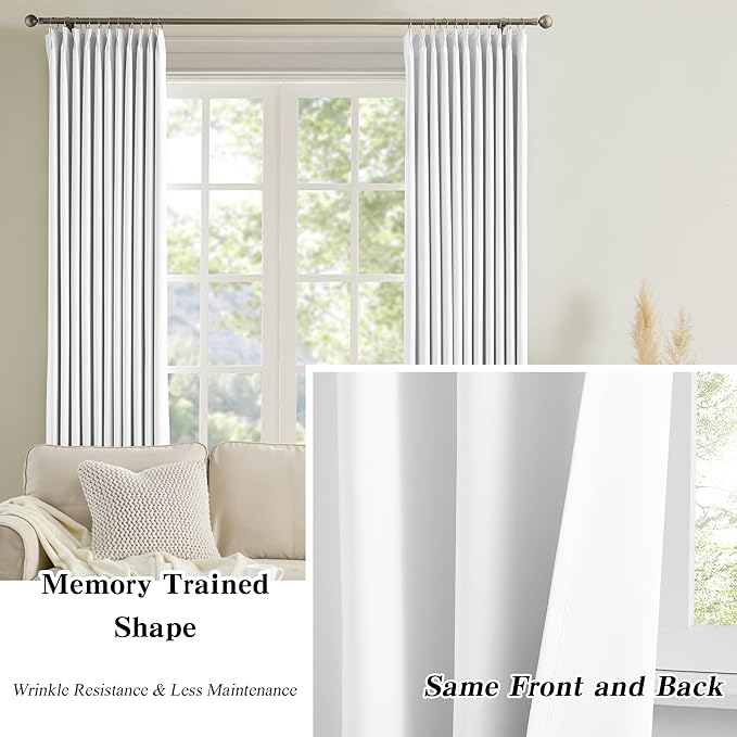 KEQIAOSUOCAI White Linen Pinch Pleat Curtains 92 Inches Long 2 Panels for Living Room Bedroom Snow White Pleated Hooks Elegant Luxury Privacy Curtain Drapes 92 Inch Length