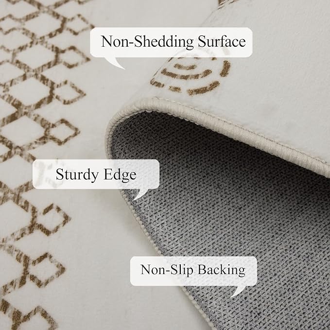 9x12 Area Rug Living Room Rugs, Boho Stain Resistant Washable Rug, Vintage Large Non-Slip Backing, Low Pile Lightweight Print Rug for Bedroom Dinning Room Home Office (Beige)
