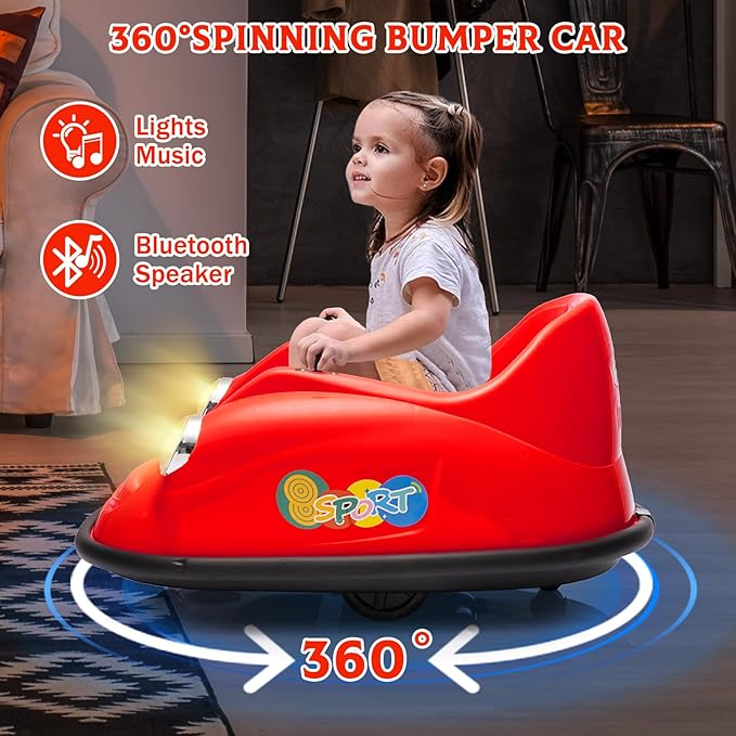 12V Bumper Car for Toddlers, Electric Toy Ride on Battery Car with Kids W/Parent Remote Control, 2-Speed, 360 Degree Spin, Music & LED Lights for Kids, Red