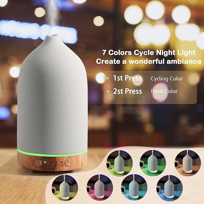 Diffuserlove Ceramic Essential Oil Diffuser for Room, Home, Bedroom - Aromatherapy Air Diffuser With Yellow Wood Pattern Base