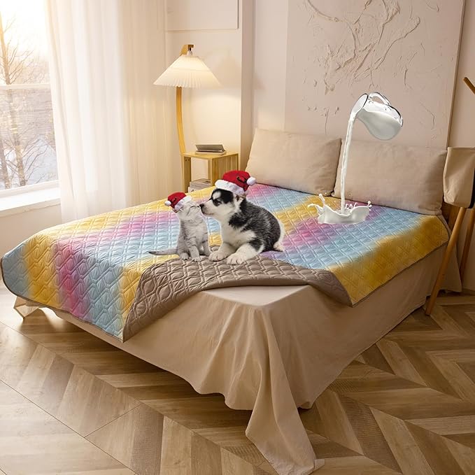 100% Waterproof Dog Bed Cover 52x82 inch Reversible Changing Pad Reusable Camping Mat for Kids/Pet/Dog/Cat Washable Geometric Embroidery Blanket Patchwork Rainbow Ombre Printed+Gray