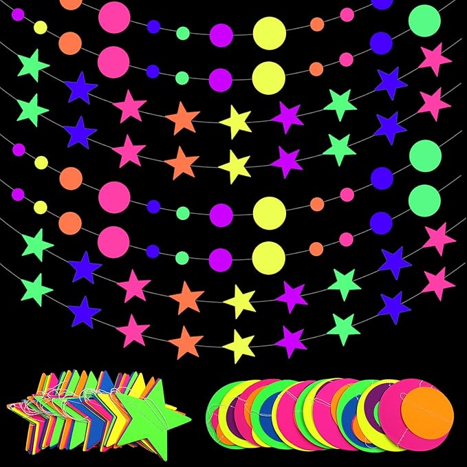 108feet UV Round Dot Star Kit Neon Paper Garland Glow in The Dark Party Favors Streamers Banner for Black Party Supplies UV Reactive Circle Dot Star Garland Wedding Birthday Glow Party Supplies…
