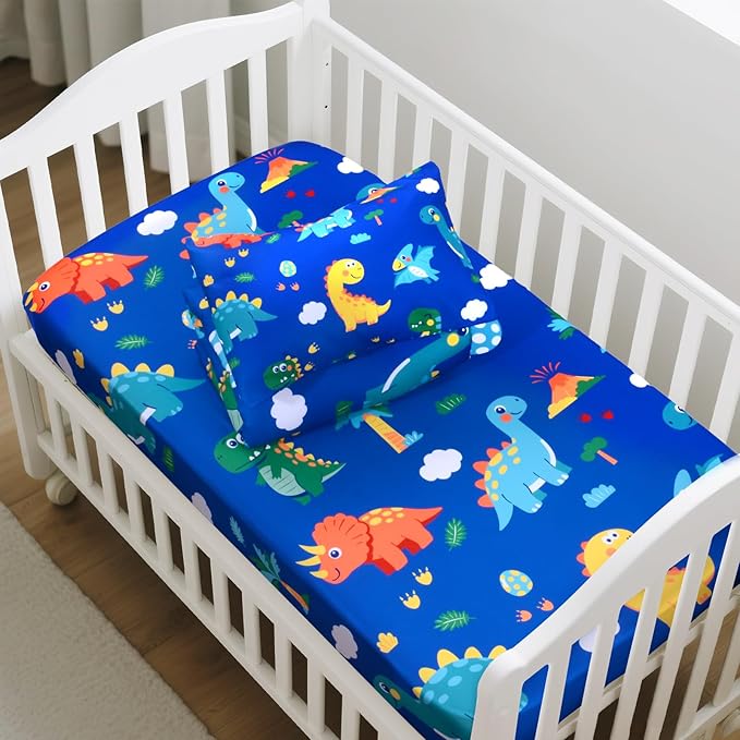 Cloele Crib Bedding Set for Boys Girls- 3 Piece Dinosaur Baby Bedding Set Soft Comforter Bed Set Includes Toddler Pillowcase Crib Sheet Baby Quilt - Nursery Bedding Set for Boys-Colorful Dinosaur