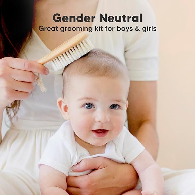 Baby Hair Brush and Comb Set for Newborn - Wooden Baby Hair Brush Set with Soft Goat Bristle, Baby Brush Set for Newborns Baby Brush and Comb Set Girl, Boy, Toddler Cradle Cap Brush (Oval, Walnut)