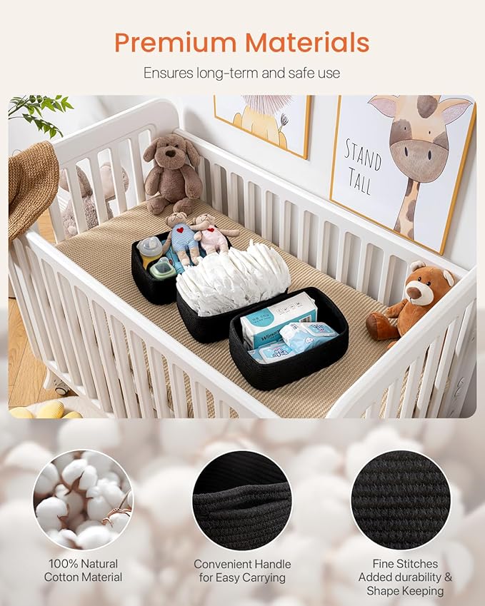 KALLAX Small Woven Basket, 12 x 8 x 4.5 Inches, Storage Basket for Organizing, Cute Small Rope Shelf Closet Cube Storage Bins Baskets for Shelves, Dog Toy Gift Baskets Empty, 3 Packs, Black