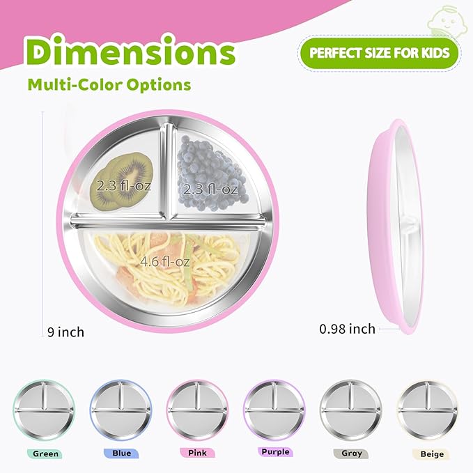 3-Pack Stainless Steel Baby Plates with Suction, BPA-Free Stainless Steel Kids Plates, 9” Divided Toddler Plate for Dishwasher Safe, Non-Slip Silicone Base, Detachable Design (Blue, Pink, Beige)