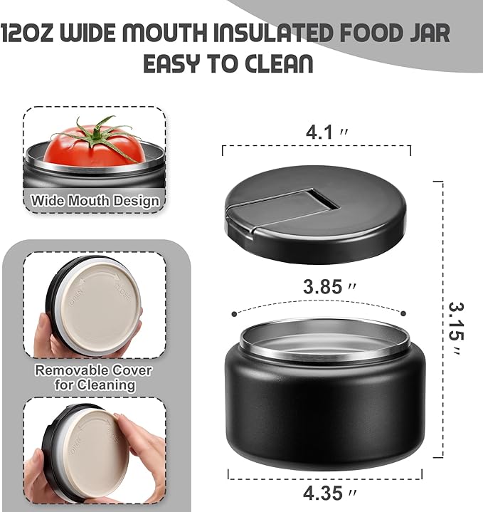 13.5oz Soup Thermo for Hot Food Kids with Buckle Lid Insulated Vacuum Food Jar Wide Mouth Leakproof Stainless Steel Lunch Container (Black)