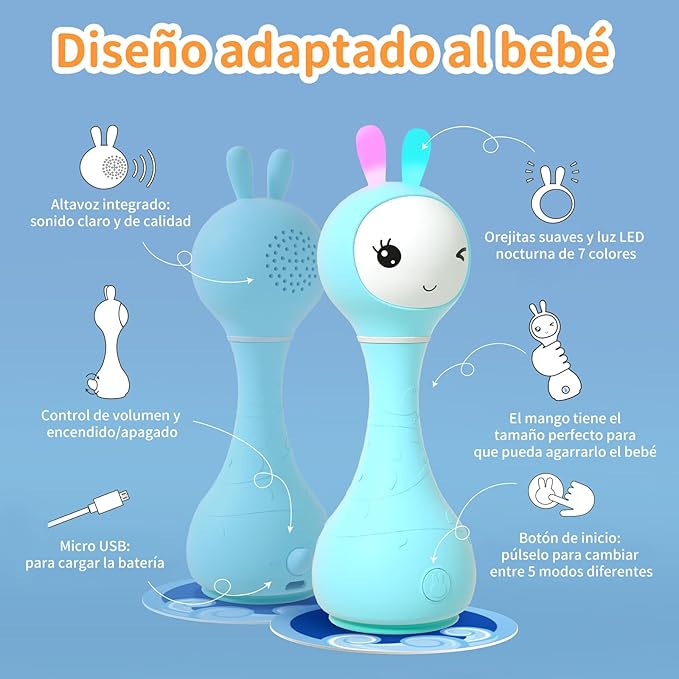alilo Sonajero Musical para Bebés 0-12 Meses, Juguete con Luz, 66 Sonidos, 15 Canciones, 13 Cuentos, 5 Canciones de Cuna, Ruido Blanco, Reconocimiento de Colores, Regalo Recién Nacido