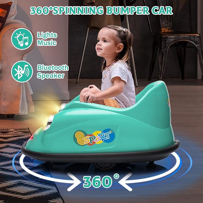 12V Bumper Car for Toddlers, Electric Toy Ride on Battery Car with Kids W/Parent Remote Control, 2-Speed, 360 Degree Spin, Music & LED Lights for Kids, Green