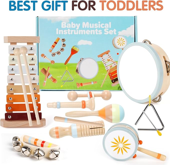 Toddler Musical Instruments-Montessori Wooden Educational Toys for Toddlers 1-3,Baby Musical Instruments,Neutral Color Musical Instruments Set with Xylophone,Maracas,Bell,Birthday Gift for Ages 1 2 3