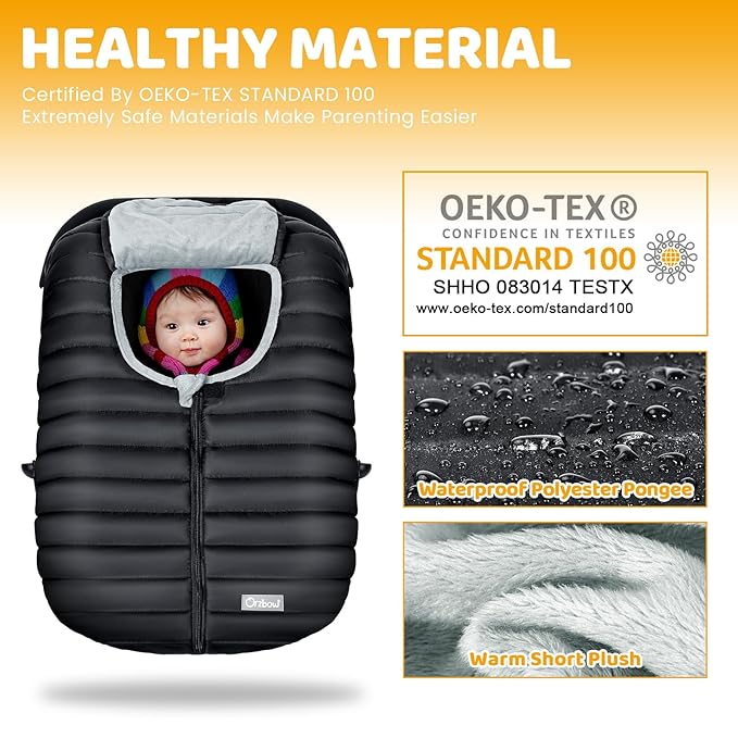 Orzbow Winter Carseat Cover for Baby, Baby Car Seat Cover for Boys & Girls, Warm Infant Car Seat Covers for Cold Weather, Rain & Snow Repellent, Waterproof, Universal Fit, Newborn Essentials, Black