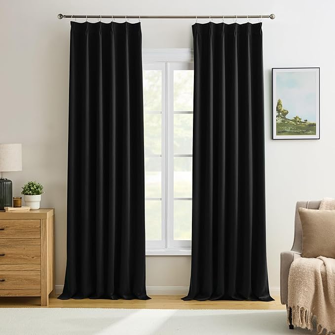 KEQIAOSUOCAI Pinch Pleated Blackout Curtains 84 Inch Long 2 Panels for Bedroom Living Room Thermal Insulated Black Out Window Curtain Pinched Pleat Drape with Hooks (W40 x L84 Inch, Black)