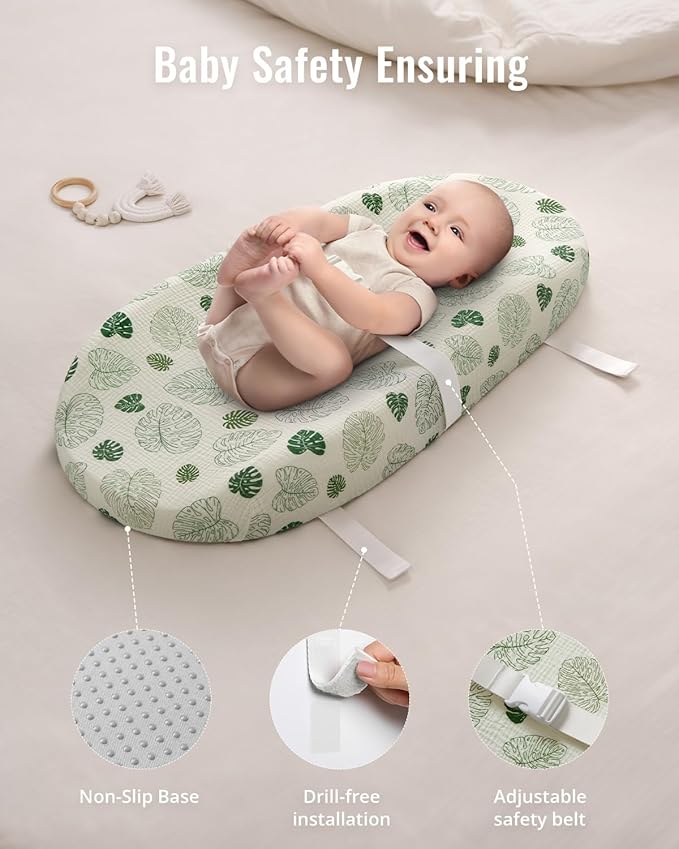 Blissful Diary Muslin Baby Changing Pad with Waterproof Lining Foam, Diaper Changing Table Pad with Cover for Dressers (Monstera, Avocado)