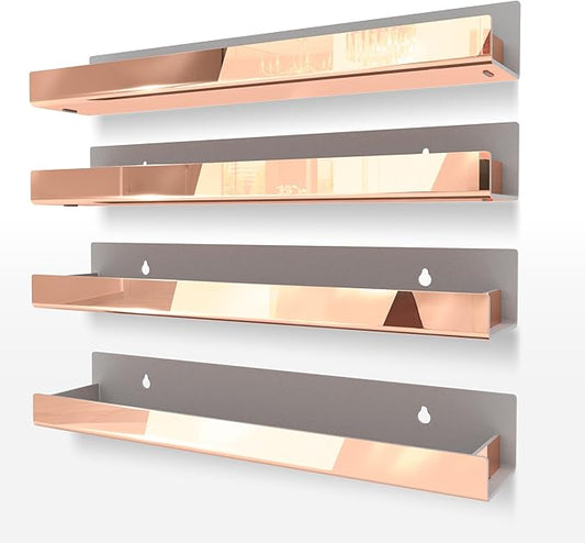 4 Pack 15 Inch Rose Gold Reflective Acrylic Shelves, Rose Gold Floating Shelves, Modern Sunglasses Essential Oil Picture Ledge Display Toy Storage Shelf