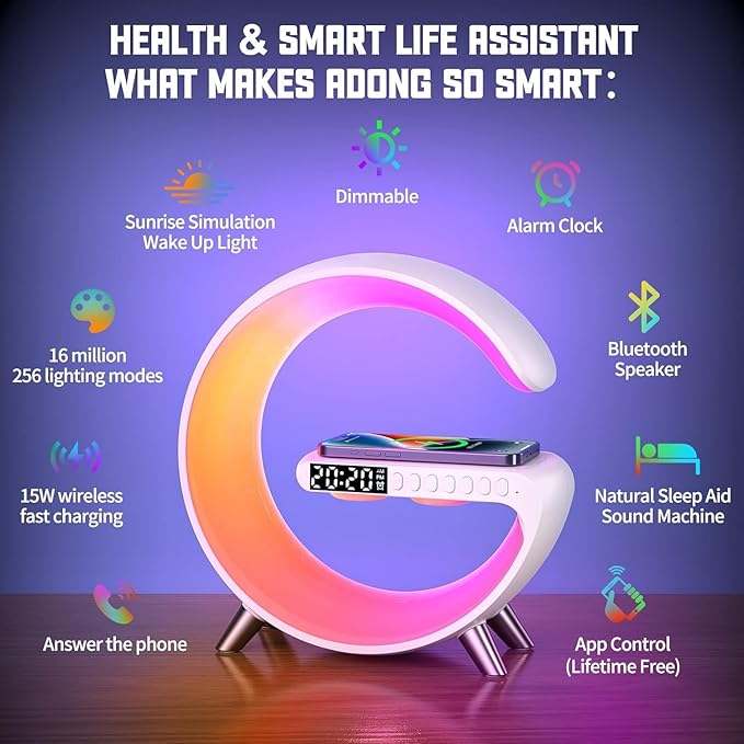 Smart LED Table Lamp, 4-in-1 Wireless Charger, Night Light, Alarm Clock, and Bluetooth Speaker with App Control for Bedroom, Office, and Home Decor (White)
