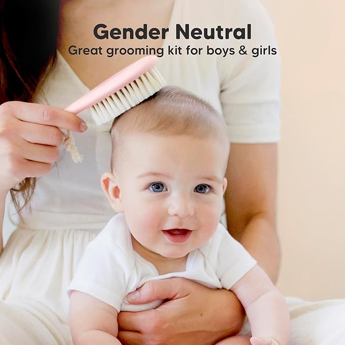 Baby Hair Brush and Comb Set for Newborn - Wooden Baby Hair Brush Set with Soft Goat Bristle, Baby Brush Set for Newborns, Baby Brush and Comb Set Girl, Boy, Toddler Cradle Cap Brush (Oval, Blush)