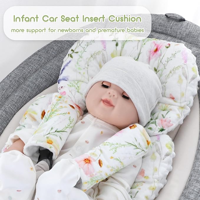 Infant Car Seat Insert, Car Seat Head Support Baby Girls Boys, Soft & Reversible Newborn Carseat Insert Cushion with 2 Strap Covers, for Stroller, Swing, Bouncer (White Wildflowers)