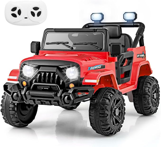 Costzon 12V Kids Ride on Truck Car, Electric Vehicle w/Remote Control, Threaded Wheels, 3 Speeds, LED Lights, Music, Horn & Wireless Connection, Battery Powered Ride on Toy for Boys & Girls 3+ (Red)