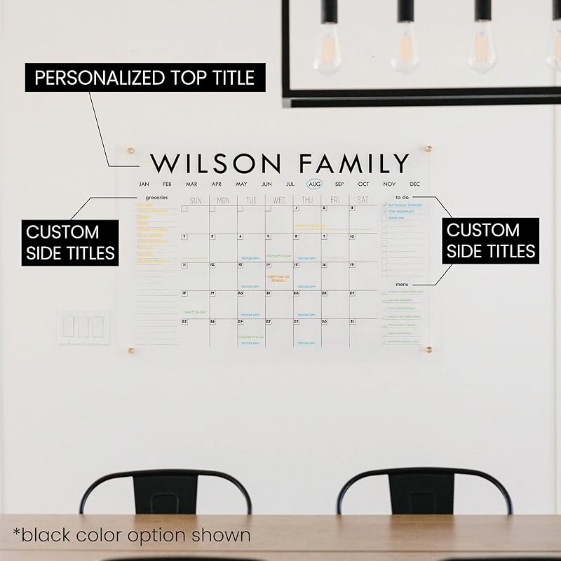 Personalized Clear Acrylic Calendar for Wall, Calendar Whiteboard for Wall, Dry Erase Wall Calendar, Wall Calendar Organizer System for Home (Block, Navy, 47.5"W x 36"H)