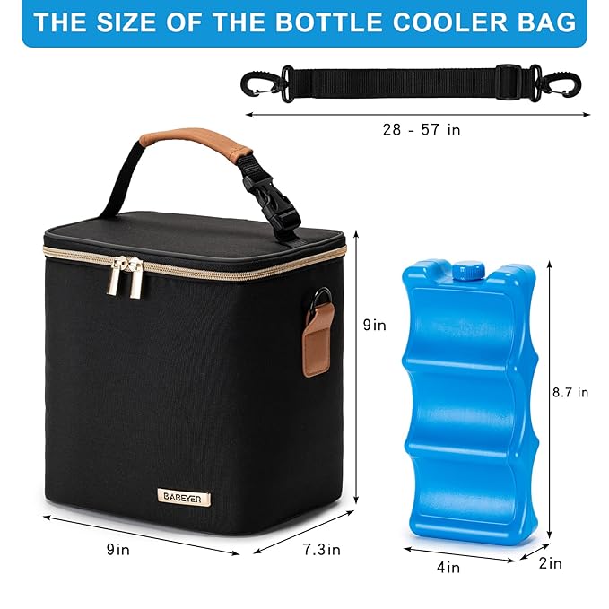 Breastmilk Cooler Bag with Ice Pack Fits 6 Baby Bottles Up to 9 Ounce, Baby Bottle Bag with Shoulder Strap for Nursing Mom Daycare, Black