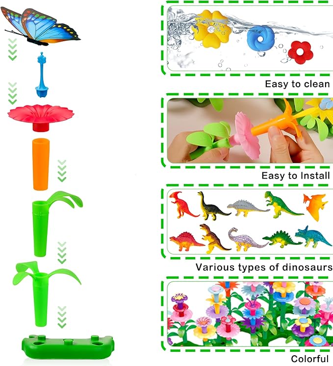 Toys Gifts for Toddlers Boys Girls Age 2 3 4 5 6,167 PCS Dinosaur Flower Garden Building Blocks,STEM Fine Motor Skill Stacking Games,Christmas First 1st Birthday Gifts for Preschool Kids 2+ Years Old