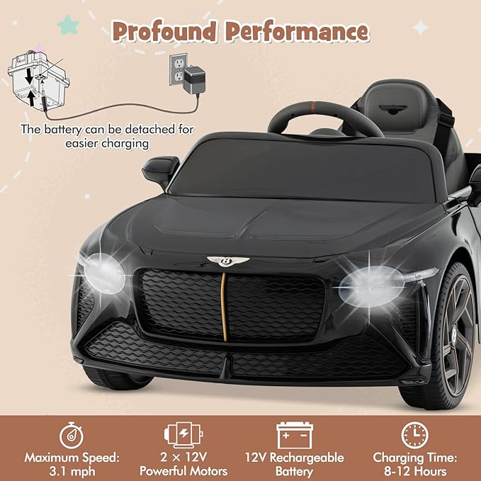 Costzon Ride on Car, 12V Licensed Bentley Bacalar Battery Powered Kids' Electric Vehicles w/Remote Control, Scissor Doors, Wireless Connection, Lights/Sound Effects, Kids Car Toys for Toddlers(Black)