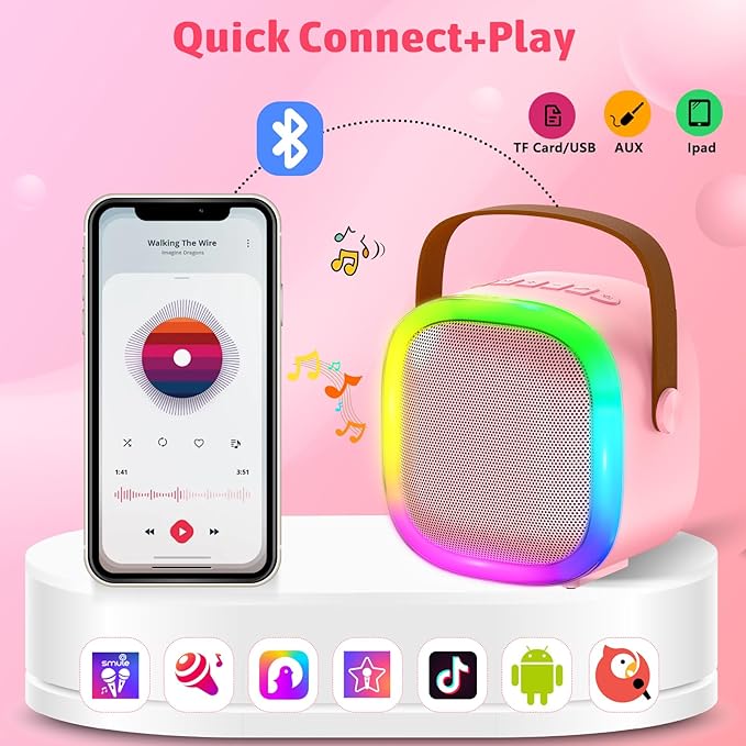 Karaoke Machine for Kids Adults, Portable Bluetooth Speaker with Wireless Microphone and LED Lights, Kids Toys Birthday Gifts for Girls and Boys Ages 4, 5, 6, 7, 8,9,10,11,12+ Years, Home Party