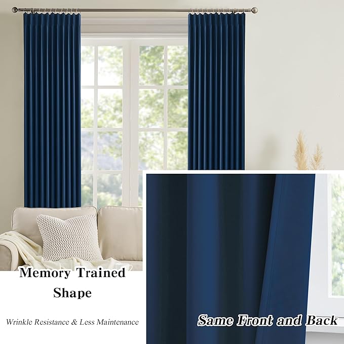 KEQIAOSUOCAI 2 PCs Navy Blue Pleat Wide Drapes for Sliding Glass Door 60 Wide x 95 Inch Long, Privacy Light Block Noise Reduce Insulated Ceiling to Floor for Locker Room Basement Bedroom Closet