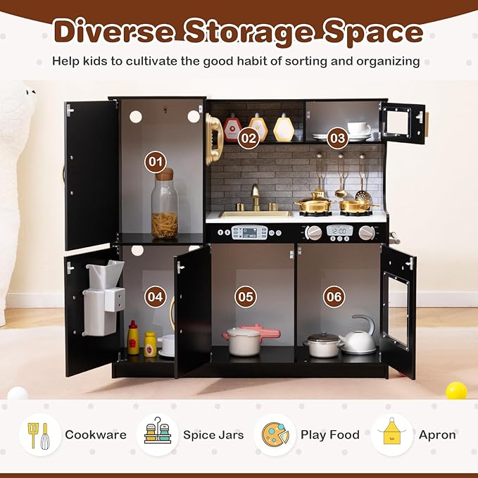 HONEY JOY Kids Kitchen Playset, Wooden Little Chef Pretend Toy Kitchen Set w/Chalkboard, Telephone, Utensils, Oven, Microwave, Sink, Storage, Play Kitchen for Toddlers Boys Girls, Black