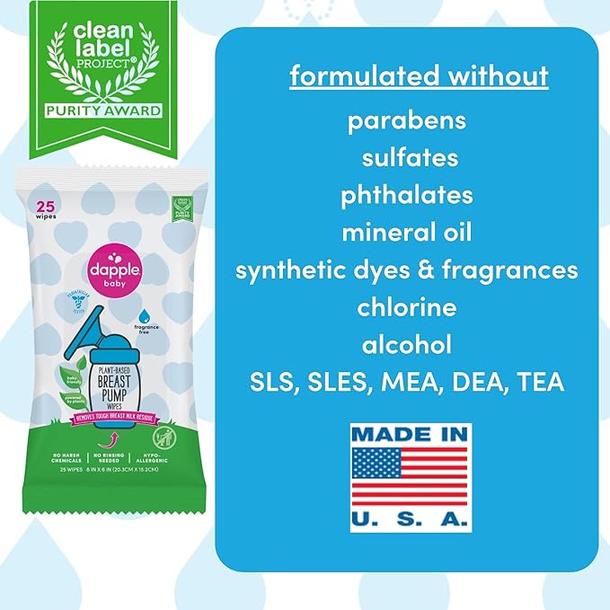 Dapple Baby Breast Pump Wipes, Powered by Plants, Hypoallergenic, Removes Milk Residue, No Rinse, Fragrance Free, 25 Count (Pack of 3)