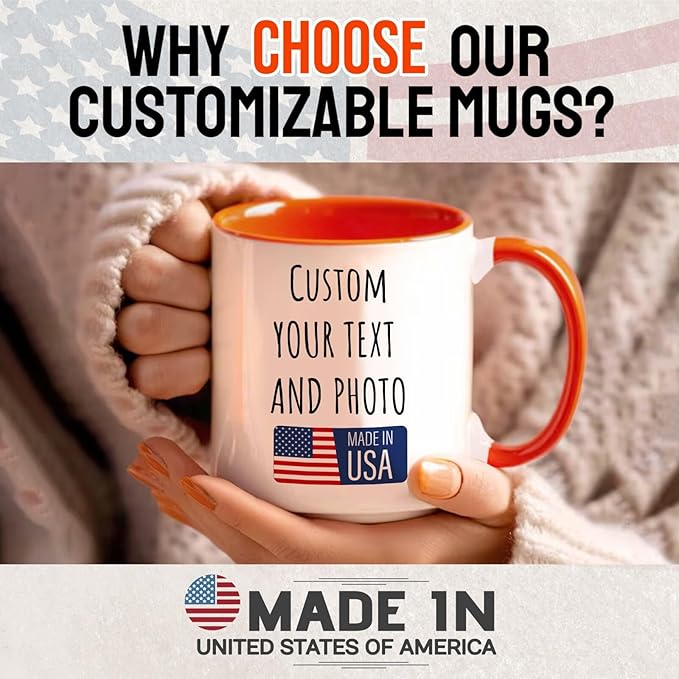 Ship Next Day Custom Mug Design Your Own Photo Text Personalized Picture Gifts for Women Men Customized Gifts Idea Personalized Coffee Mugs 11oz Orange Handle